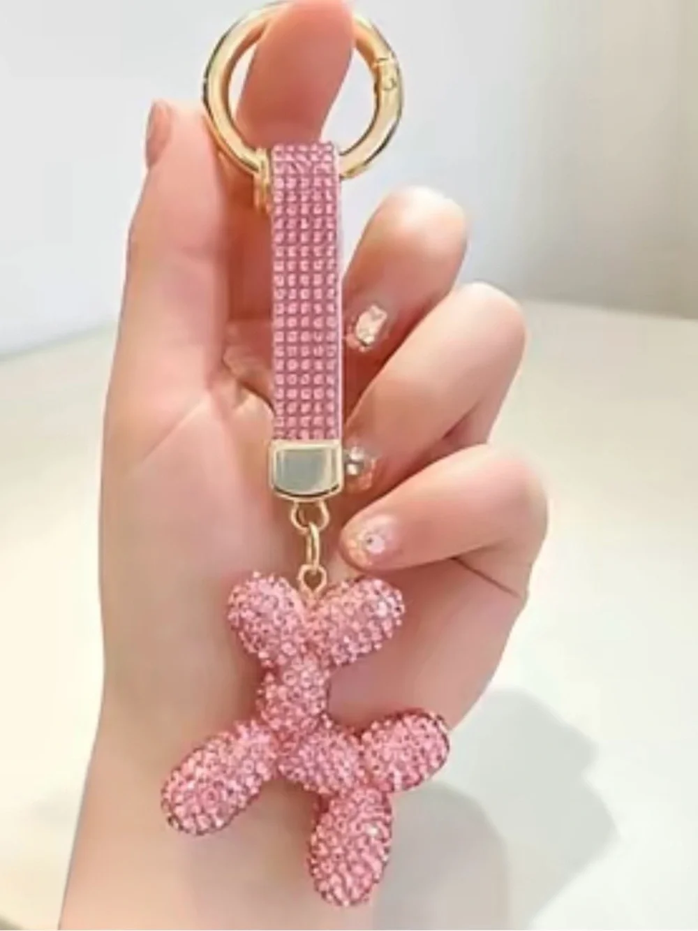 Pink Crystal Balloon Dog Keychain w/Matching Crystal Strap